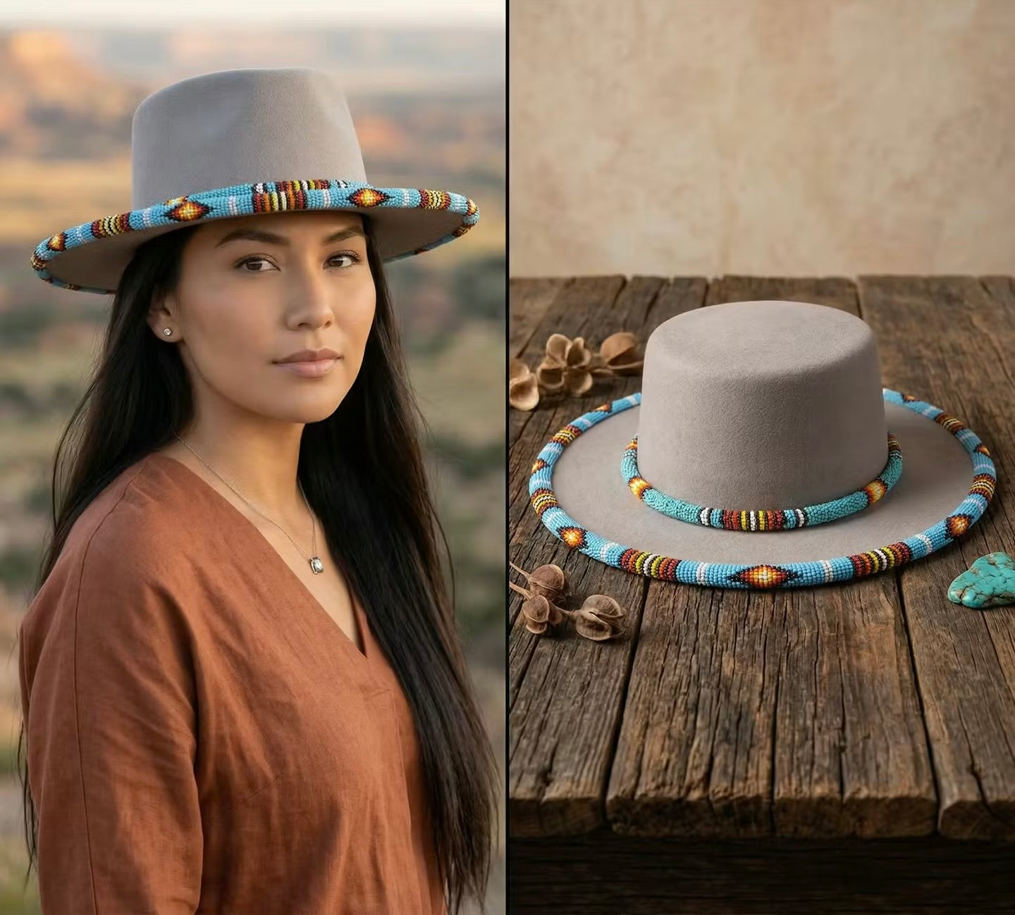 OLDTRIBES Size-61 Beaded Flat-Brim Felt Hats