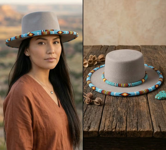 Size-61 Beaded Flat-Brim Felt Hats
