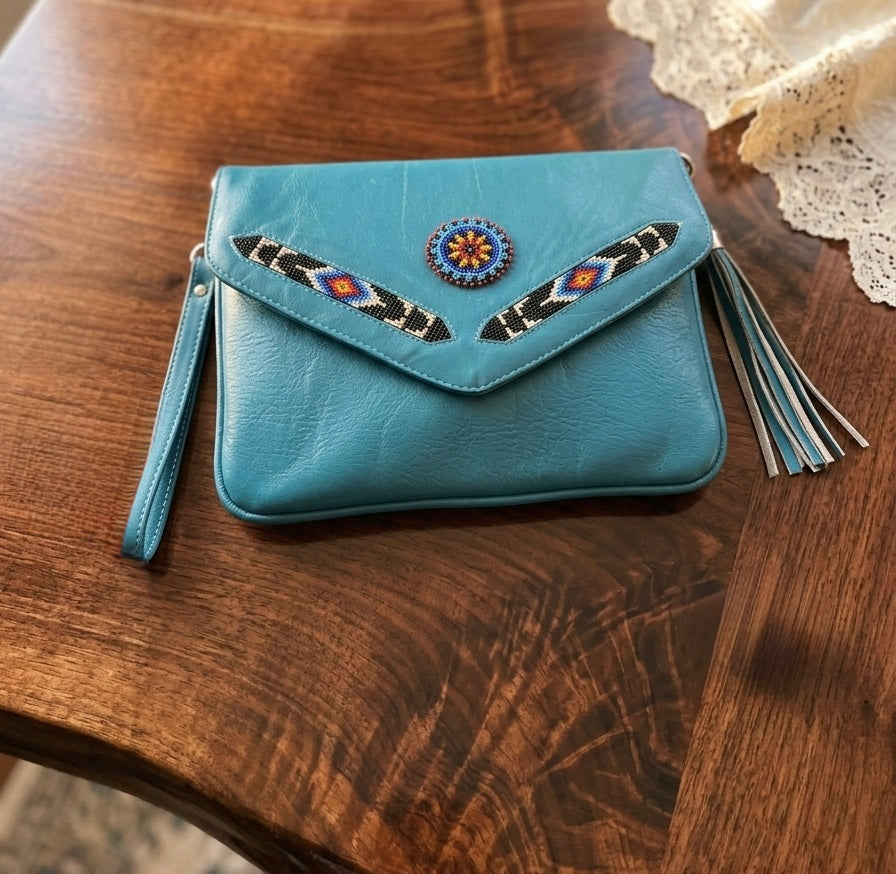 Leather beaded Crossbody bag(Turquoise )