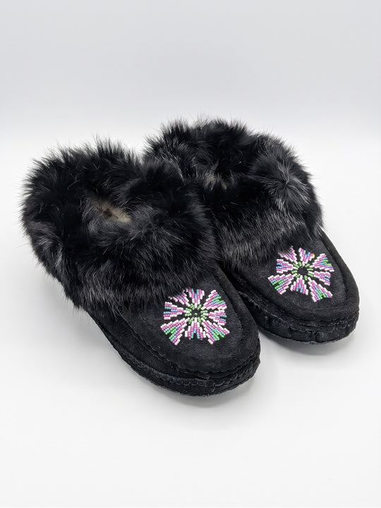 Black Moccasins with Beadwork (Size 7)