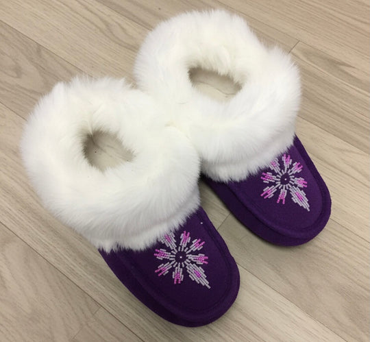 Purple and Green Moccasins with Beadwork (Size 7)