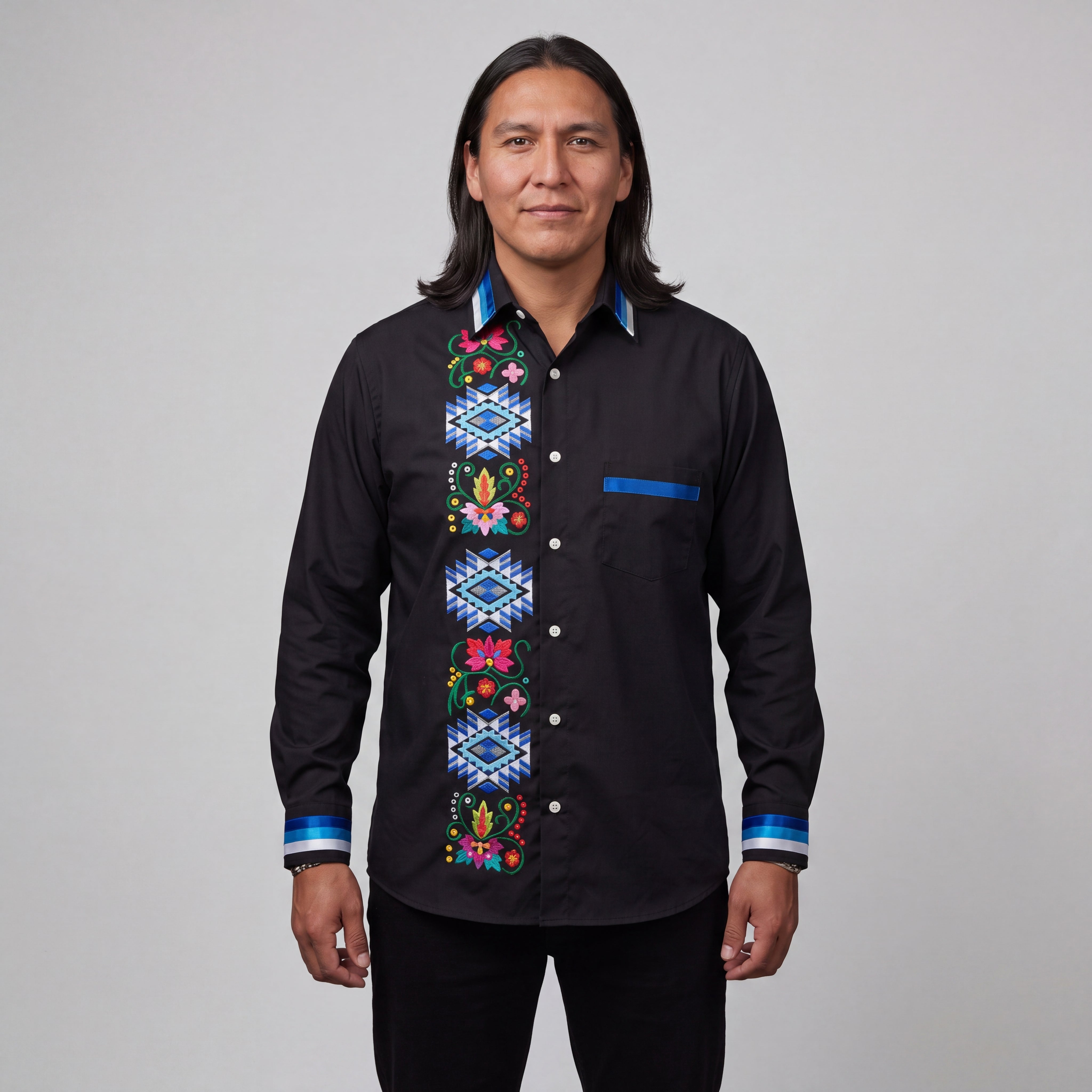 Embroidered Ribbon Shirt (Blue)