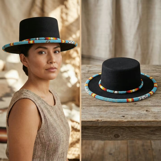 Size-62 Beaded Flat-Brim Felt Hat