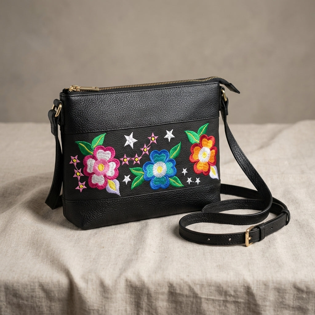 Flower Embroidered Leather Crossbody Bag