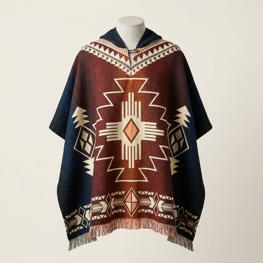 Southwestern Aztec Print Hooded Poncho