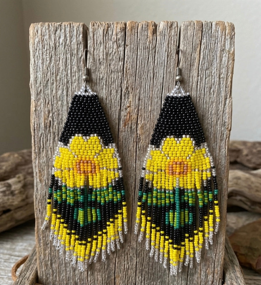 Flower Beaded Earrings ( Yellow )