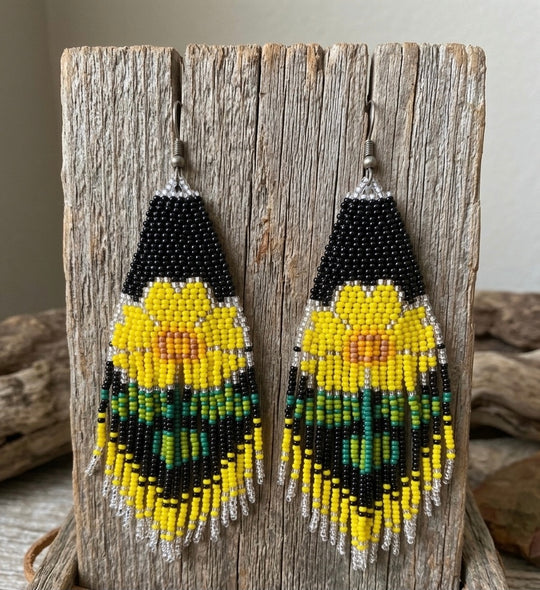 Flower Beaded Earrings ( Yellow )