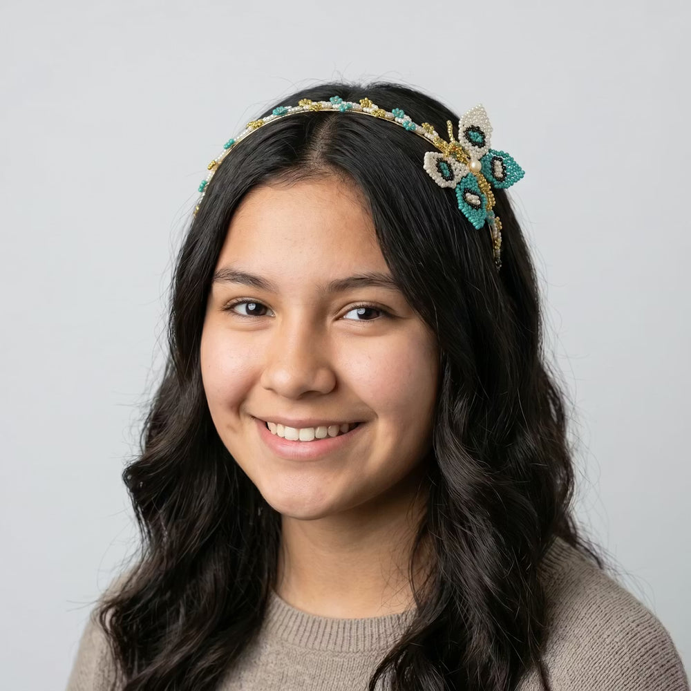Beaded Headband with Butterfly Turquoise