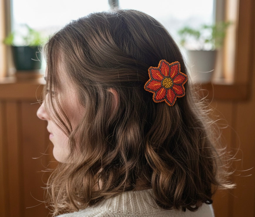 Red Beaded Flower Barrette