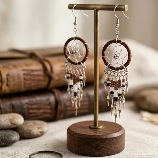 Green and Black Beaded Dreamcatcher earrings