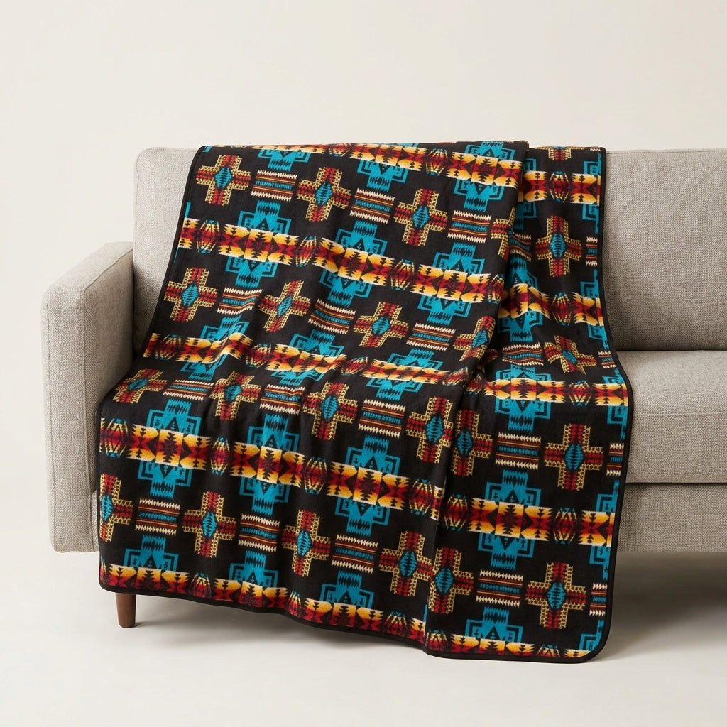 Southwestern Style Sherpa-Lined Queen Blanket(Black and Turquoise )