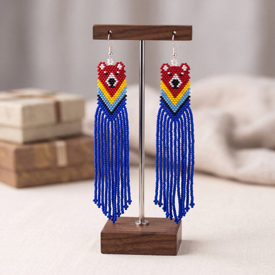 Brown blue Native Bear Beaded Earrings