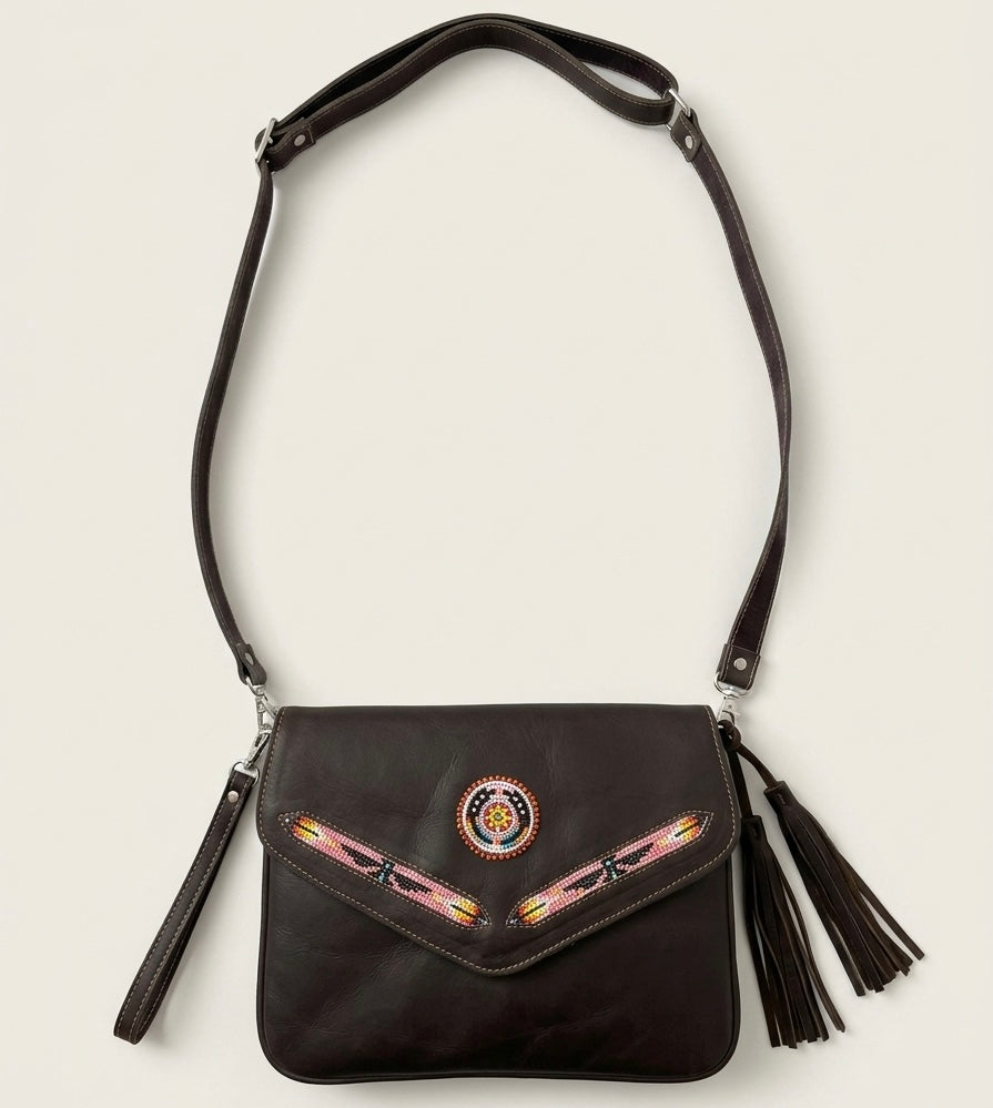 Leather beaded Crossbody bag(Chocolate Brown)