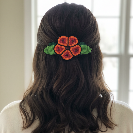 Brown and Red Beaded Flower Barrette