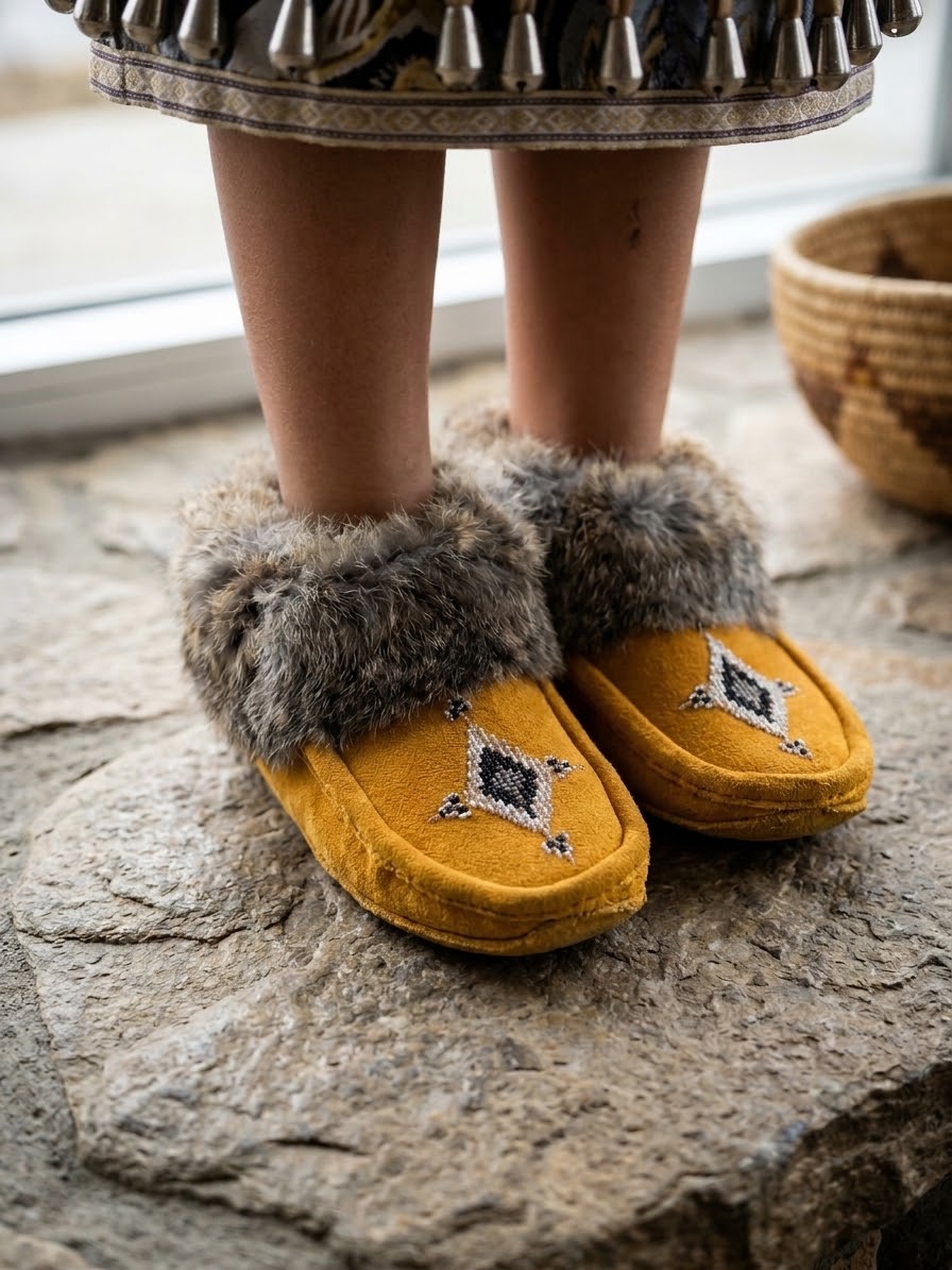Yellow Moccasins with Beadwork (Size 7)