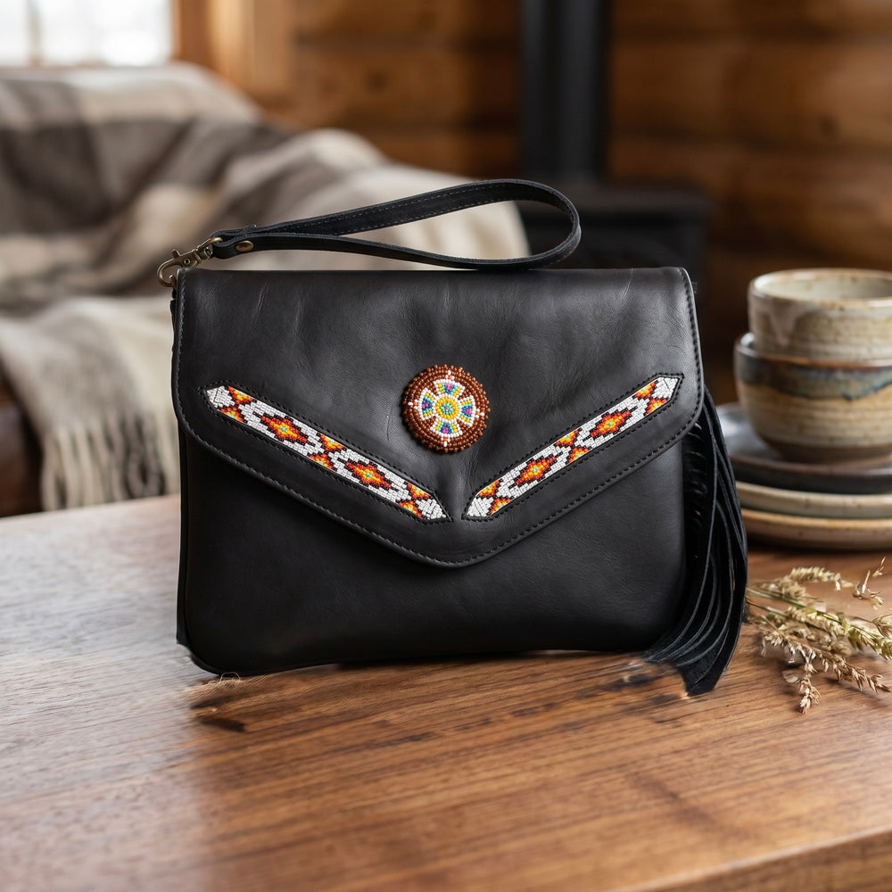 Leather beaded Crossbody bag(Black)