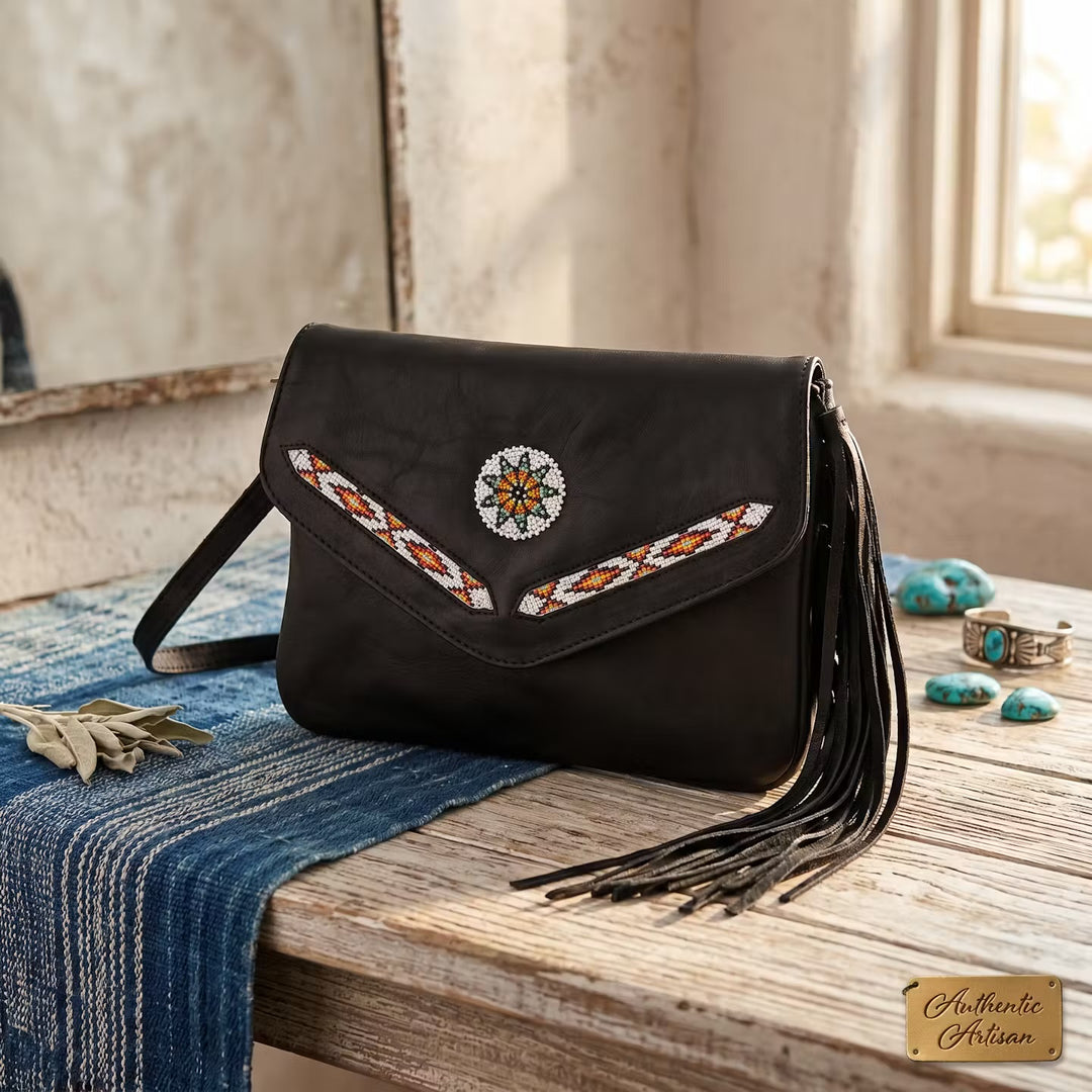 Leather beaded Crossbody bag(Black)