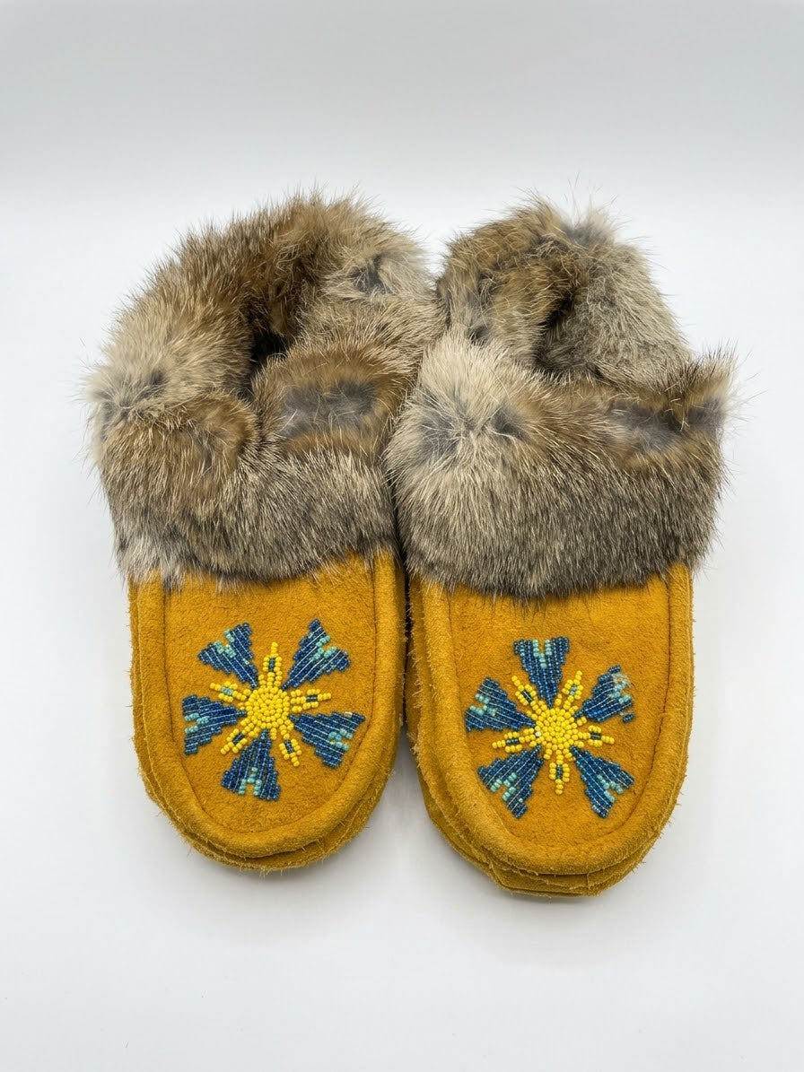 Yellow Moccasins with Beadwork (Size 7)