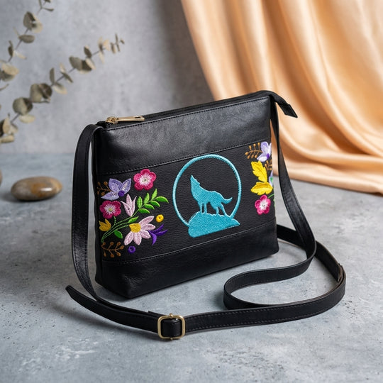 Wolf Embroidered Leather Crossbody Bag