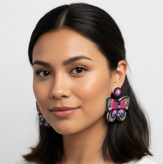 Butterfly Beaded Earrings - Black and Pink
