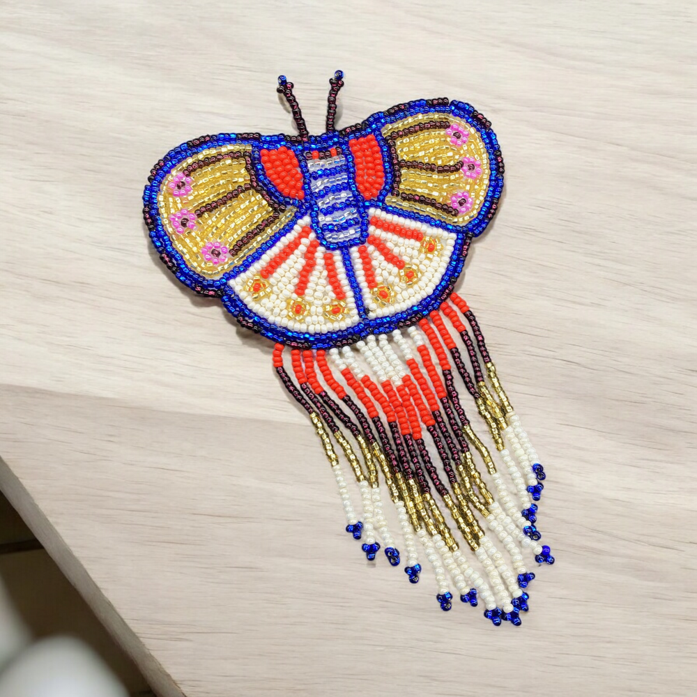 Butterfly Beaded Barrettes with Fringes Golden & White