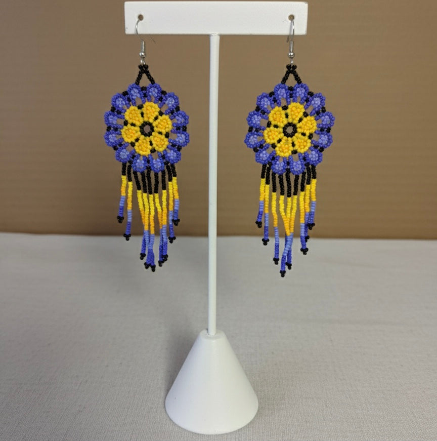 Yellow Blue Flower beaded Earrings