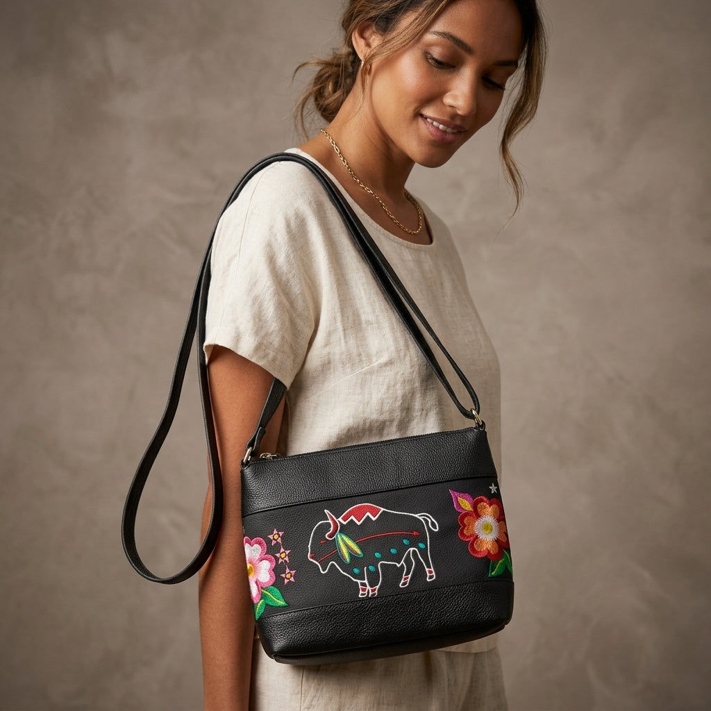 Buffalo Embroidered Leather Crossbody Bag