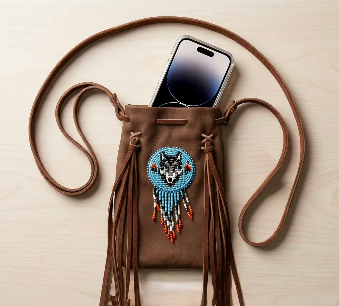Beaded Suede Phone Pouch ~ Brown (Wolf)