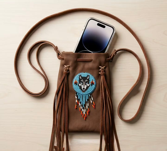Beaded Suede Phone Pouch ~ Brown (Wolf)