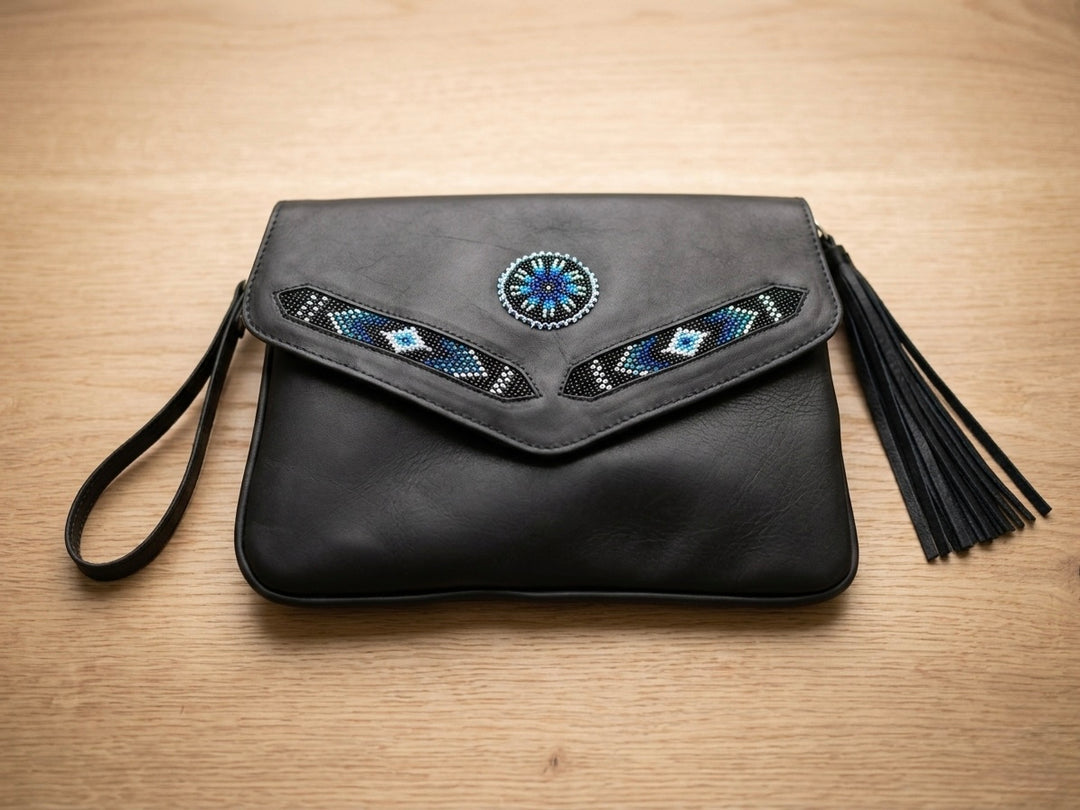 Leather beaded Crossbody bag(Black)