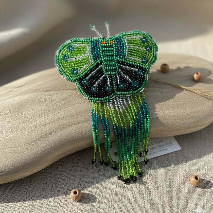 Butterfly Beaded Barrettes with Fringes - Green & Black