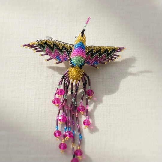 Gold blue pink Hummingbird Barrette with Fringes