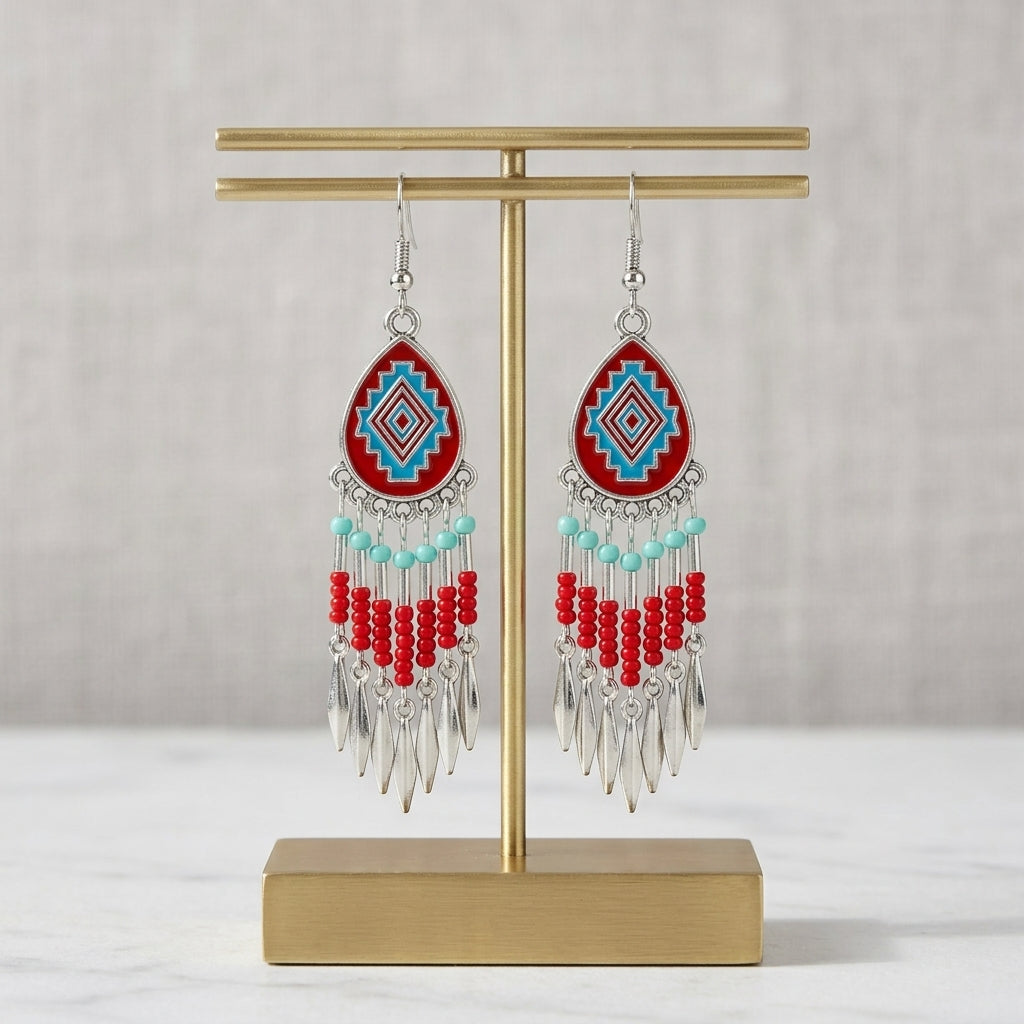 Southwestern Fringe Drop Earrings(Red)