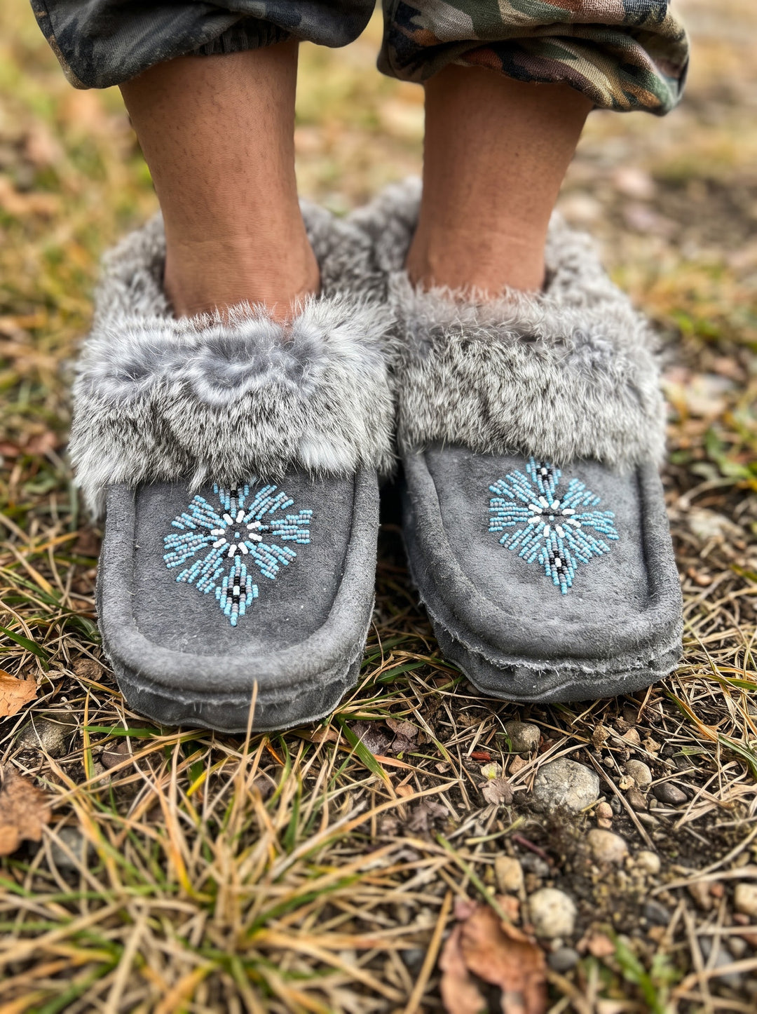 Grey Moccasins with Beadwork (Size 10)