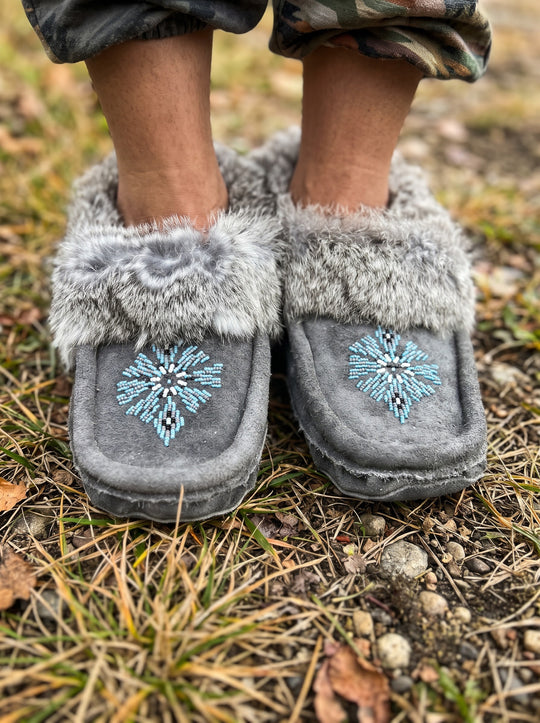 Grey Moccasins with Beadwork (Size 10)