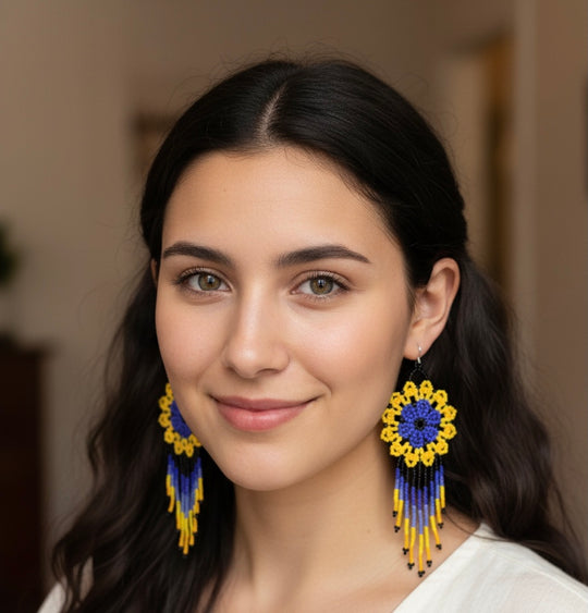 Yellow Blue Flower beaded Earrings