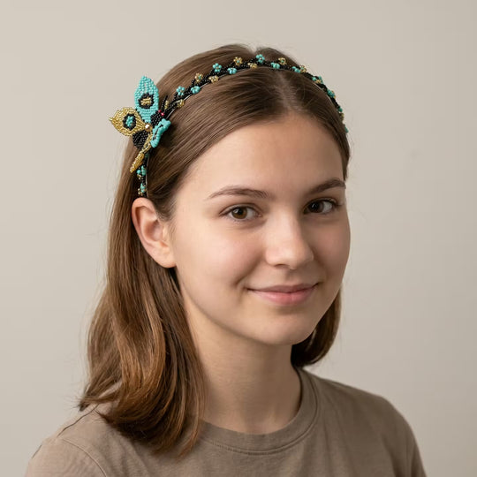Beaded Headband with Butterfly Turquoise