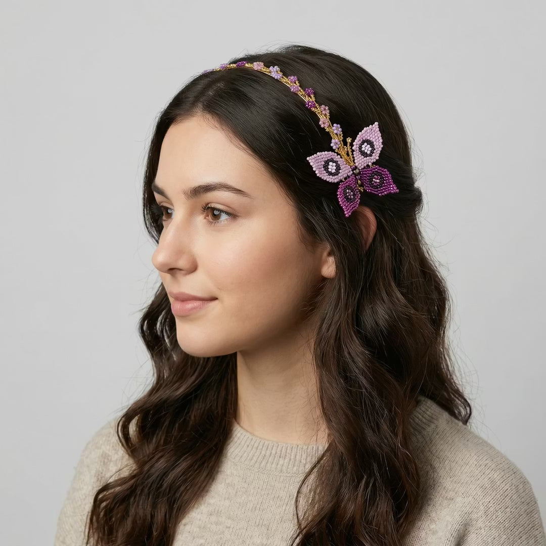 Beaded Headband with Butterfly Pink