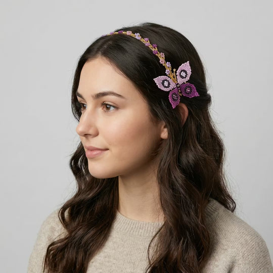 Beaded Headband with Butterfly Pink