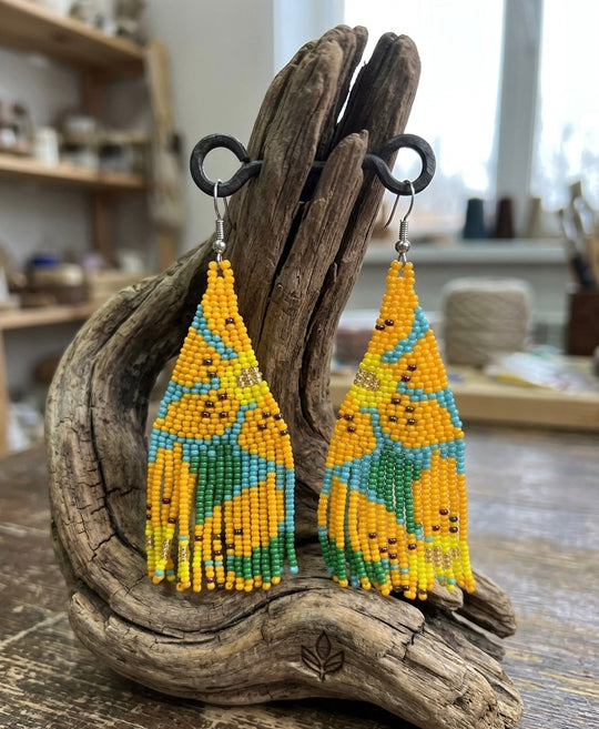 Flower Fringe Beaded Earrings (Mustard)