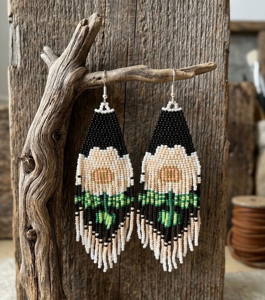 Flower Beaded Earrings ( White )
