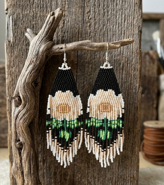 Flower Beaded Earrings ( White )