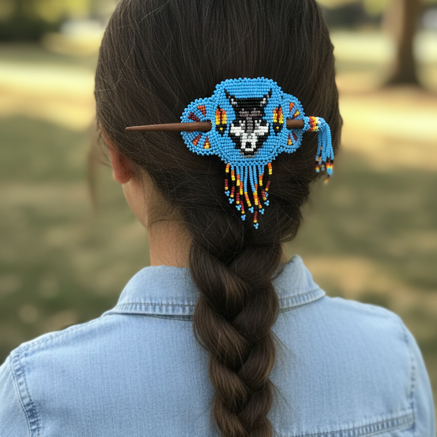 Wolf Fringed Beaded Barrette & Wooden Stick