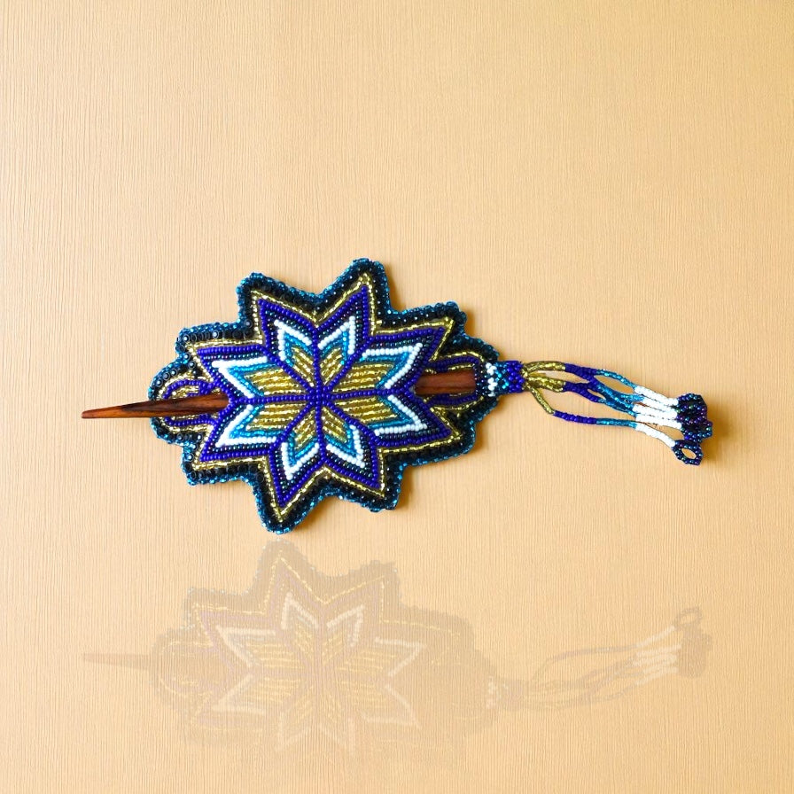 Golden-Blue Handmade Beaded Star Barrette