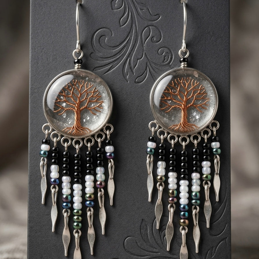 OLDTRIBES™ Tree of life Crushed Chip Stone Black Earrings