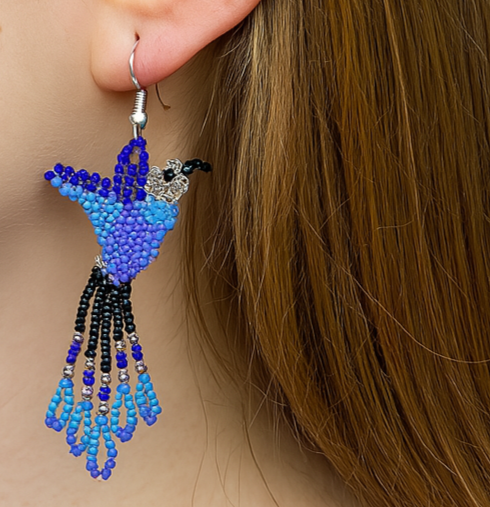 Handmade Beaded Hummingbird Earrings – Blue