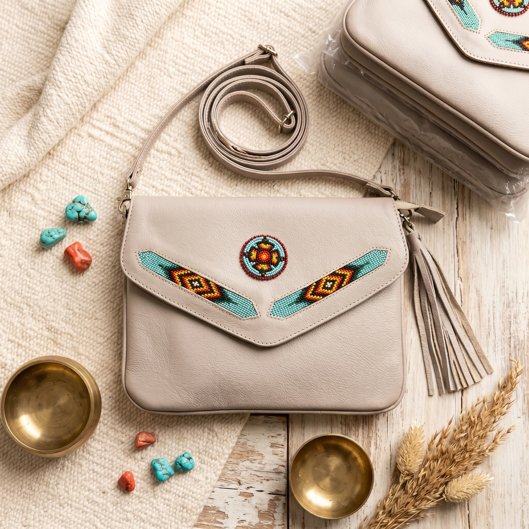 Leather beaded Crossbody bag(Beige)