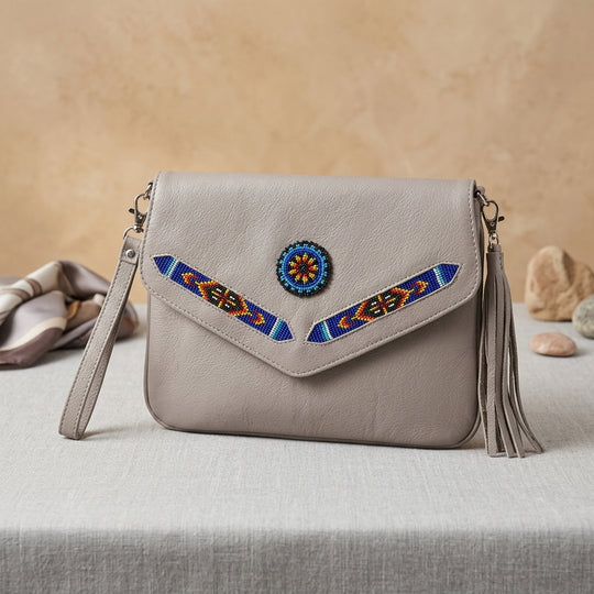 Leather beaded Crossbody bag(Beige)