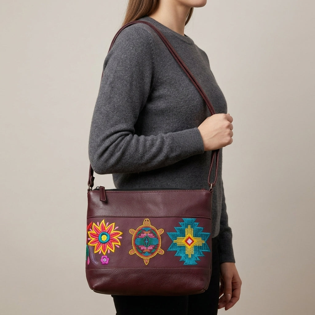 Turtle Embroidered Leather Crossbody Bag