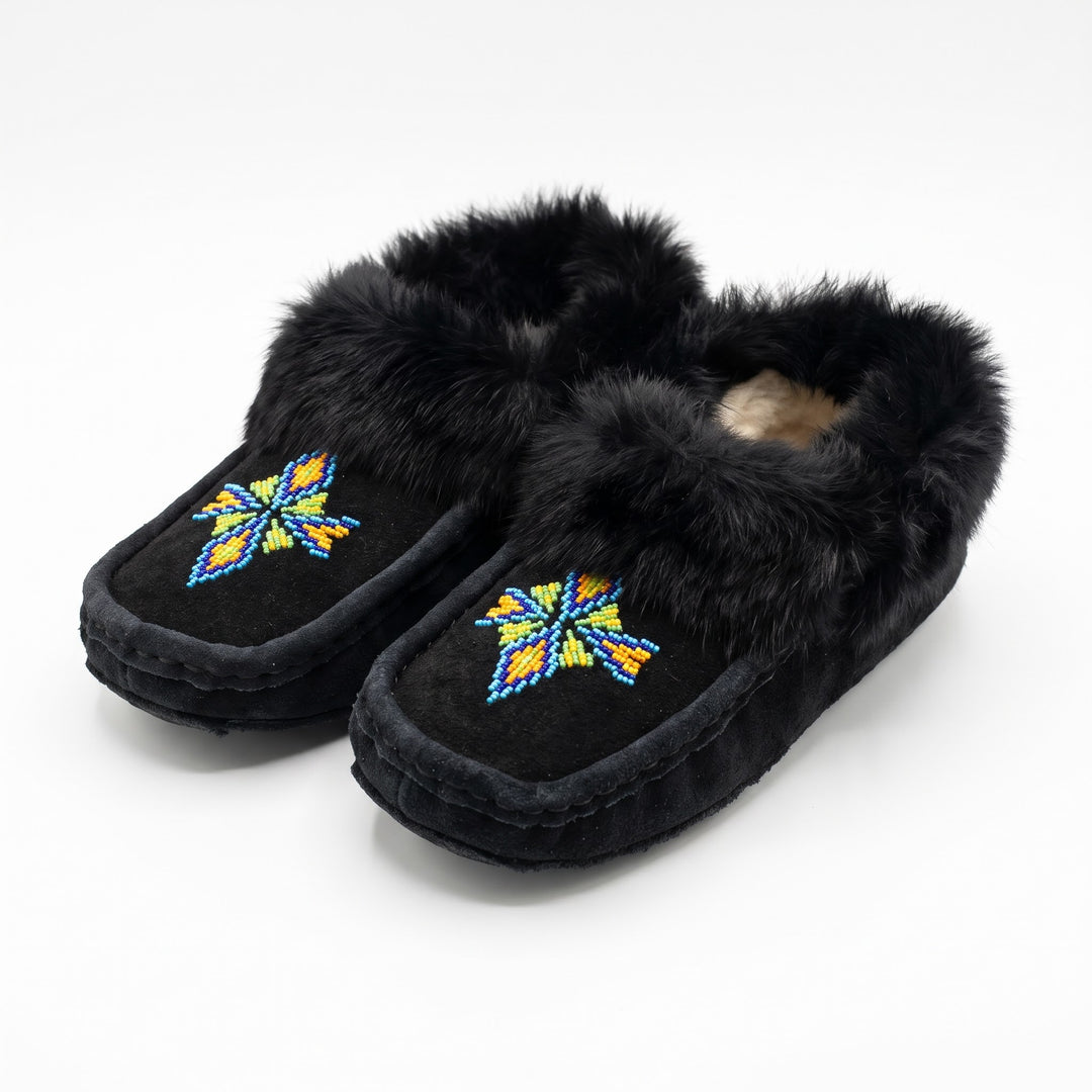Black Moccasins with Beadwork (Size 10)